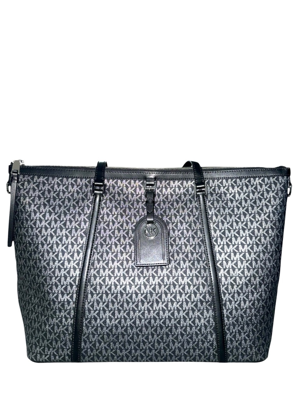 Michael Kors Black MK Logo Tote with Leather Trim